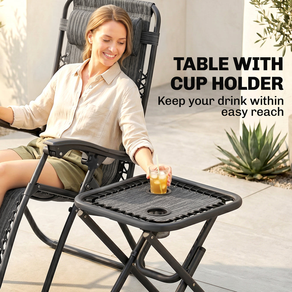 Zero Gravity Chair Set of 2 Patio Chair with Side Table Cupholders and Pillows for Pool, Backyard, Lawn, Dark Grey