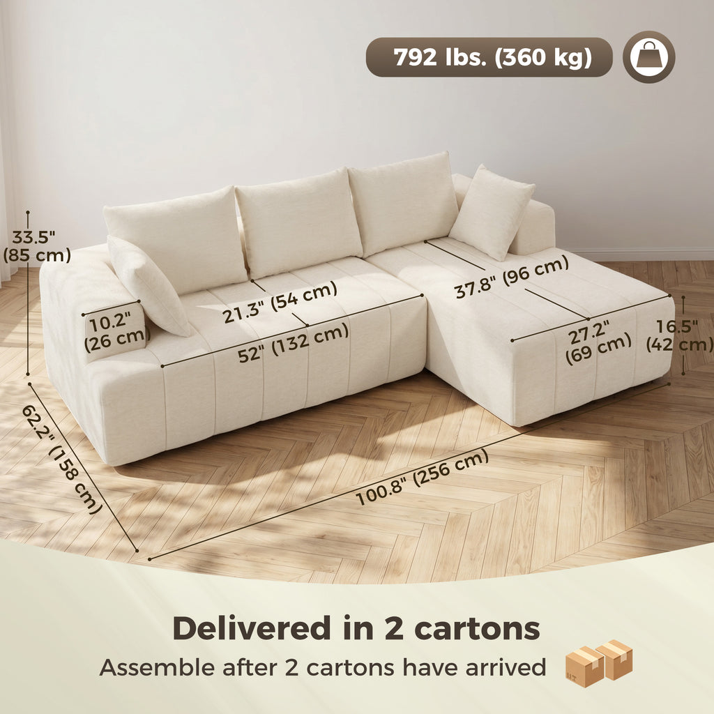 101" Modular Sectional Sofa with Chaise, Chenille Boneless Cloud Sofa Bed, 3 Seater L-Shaped Couch, No Assembly, Beige