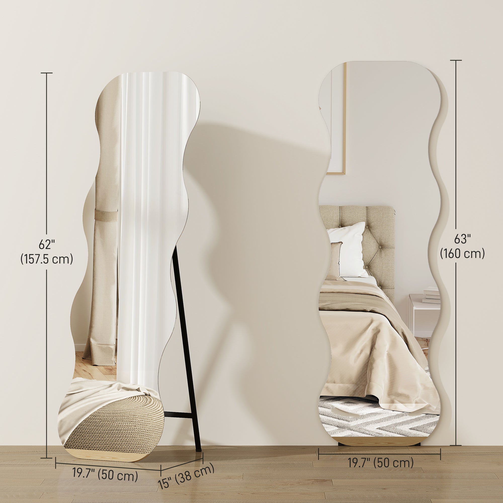 64" x 21" Full Length Mirror, Irregular Wavy Frameless Full Body Mirror with Pine Wood Base for Bedroom, Black
