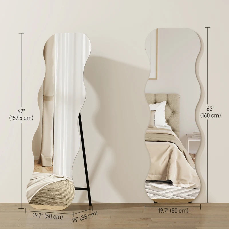 Contemporary wavy standing mirror with pine wood base for bedroom
