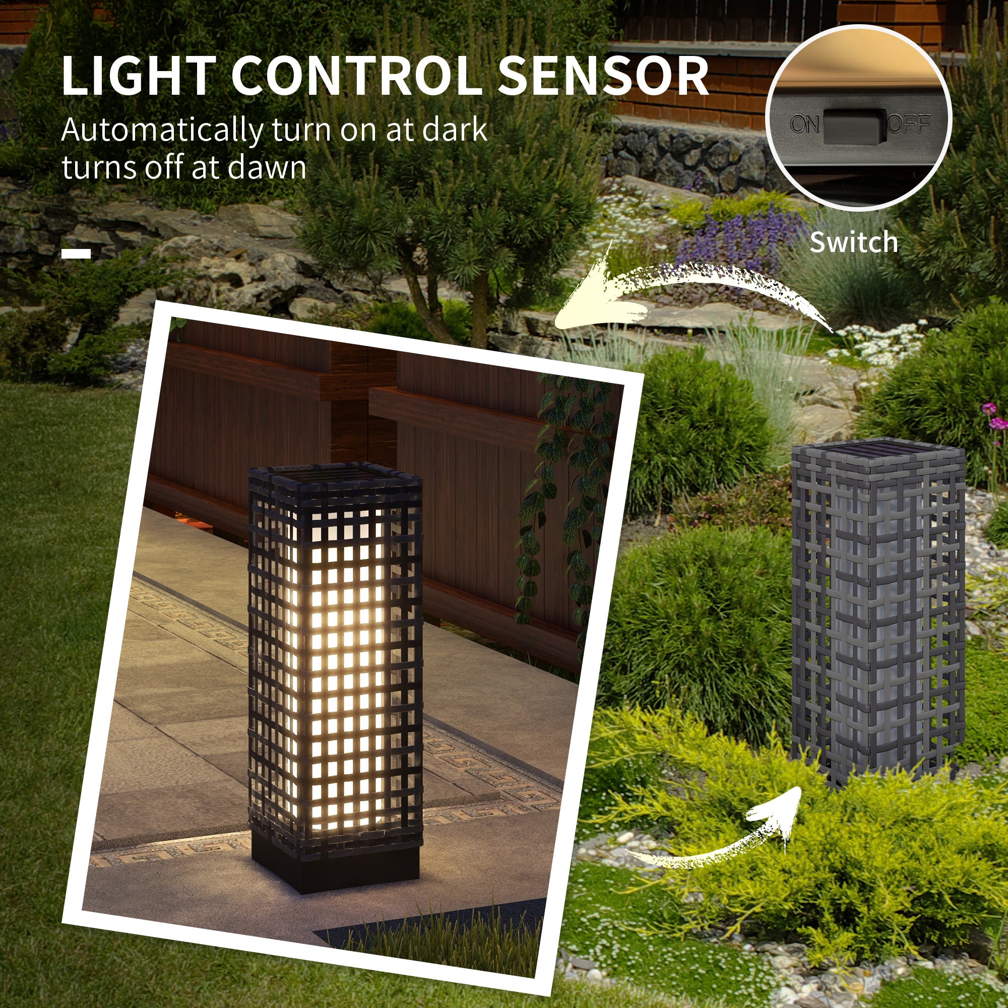 Wicker Solar Outdoor Lamp, Decorative Floor Lamp with Auto On/Off LED Lights, IP44 for Patio, Porch, Pathway, Grey