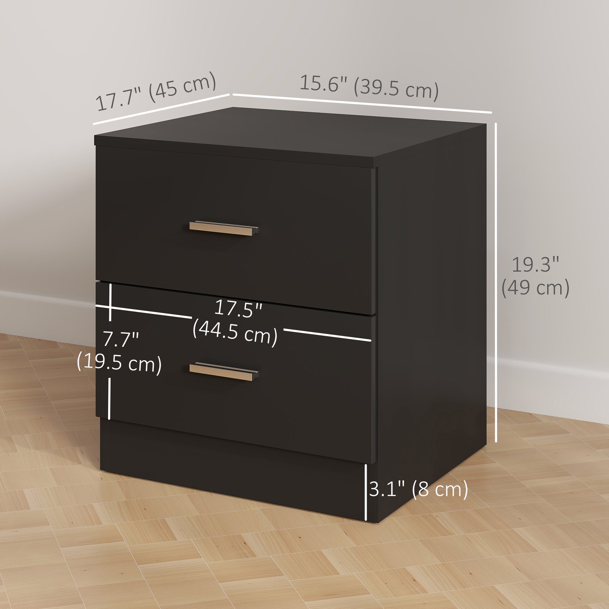Bedside Table with 2 Drawers, Modern Nightstand for Bedroom, Black