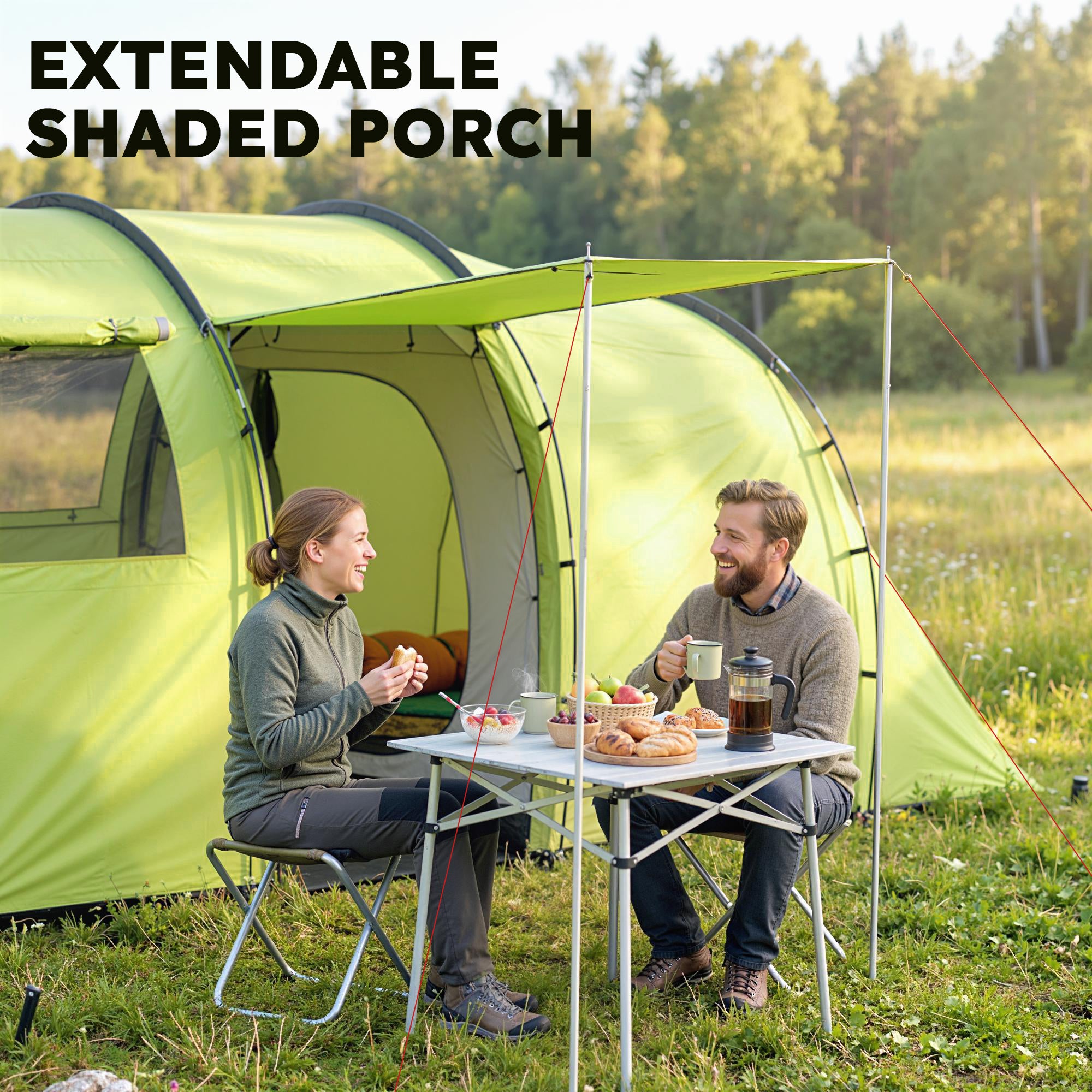 6 Person Camping Tent with Porch, Large Family Tent with 2 Bedroom and Living Room, Light Green