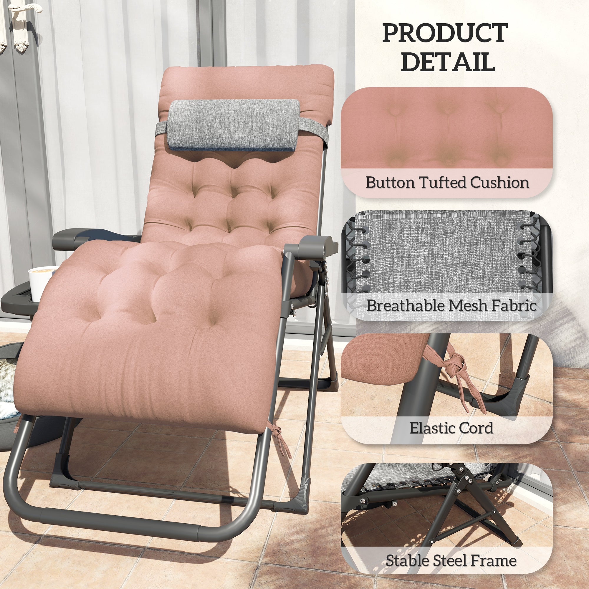Padded Folding Recliner Chair, Patio Lounger with Cupholder, Adjustable Backrest, Removable Cushion, Khaki