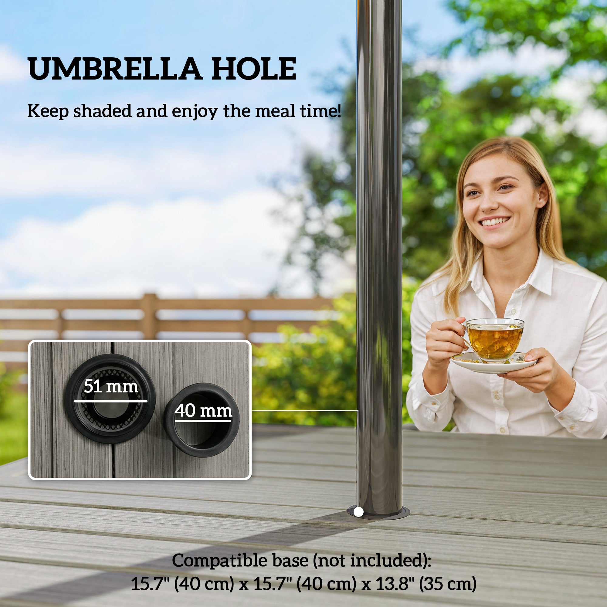 Outdoor Dining Table for 4, Square Patio Table with Umbrella Hole, Shelf, Slatted Faux Wood Steel Top, Grey