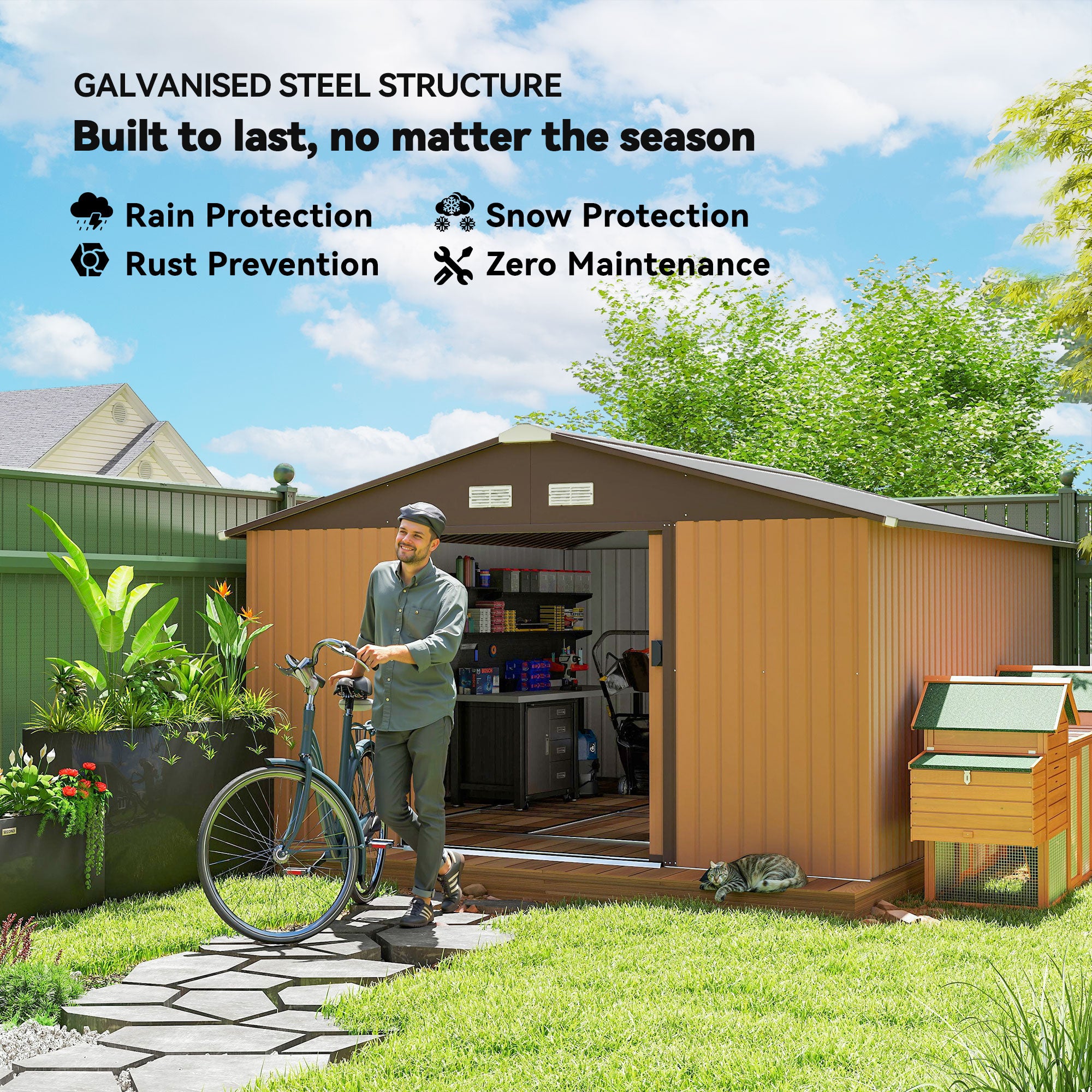 11' x 13'Garden Storage Shed w/ Foundation Kit Metal Tool Storage House w/ Double Doors Yellow