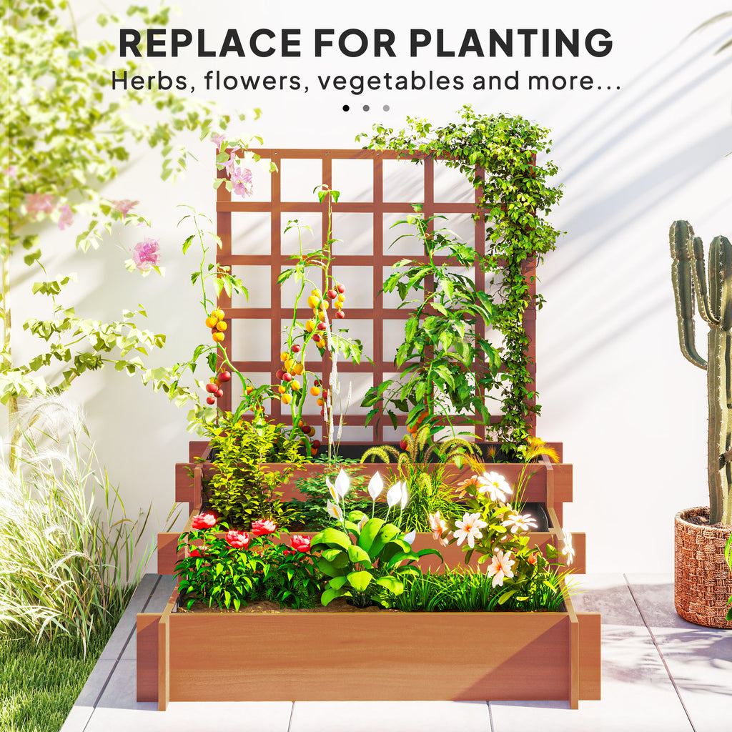 Wooden Elevated Planter Box with Trellis for Climbing Plants, 3 Tier Raised Garden Bed for Garden, Outdoor, Brown