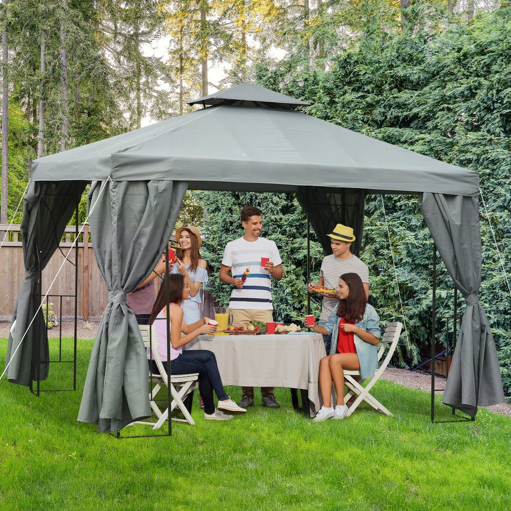 10' x 10' Patio Gazebo Outdoor, Canopy Shelter with Double-tier Roof, Pavilion Sidewalls for Garden Events, Dark Grey