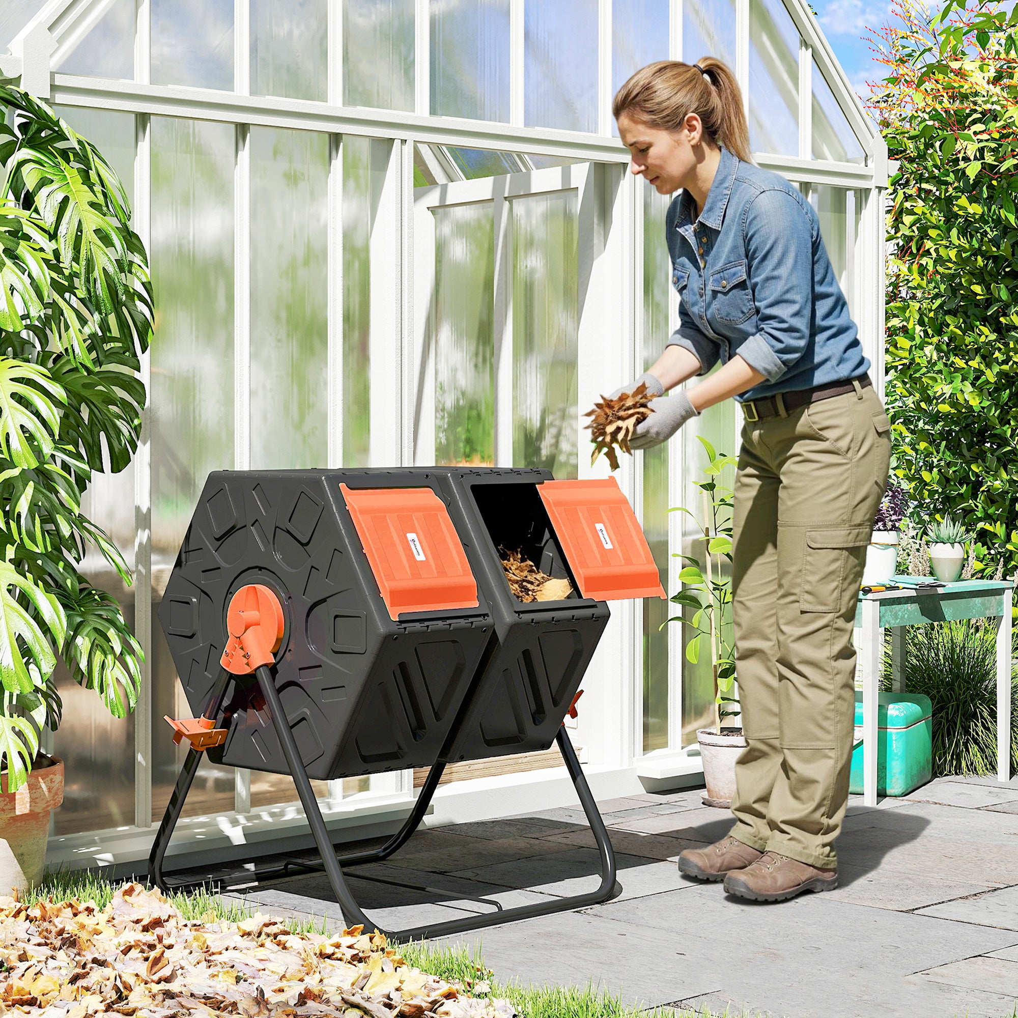 Rotating Composter, Dual Chamber Compost Bin with 24 Vents and Steel Legs, 34.5 Gallon, Orange