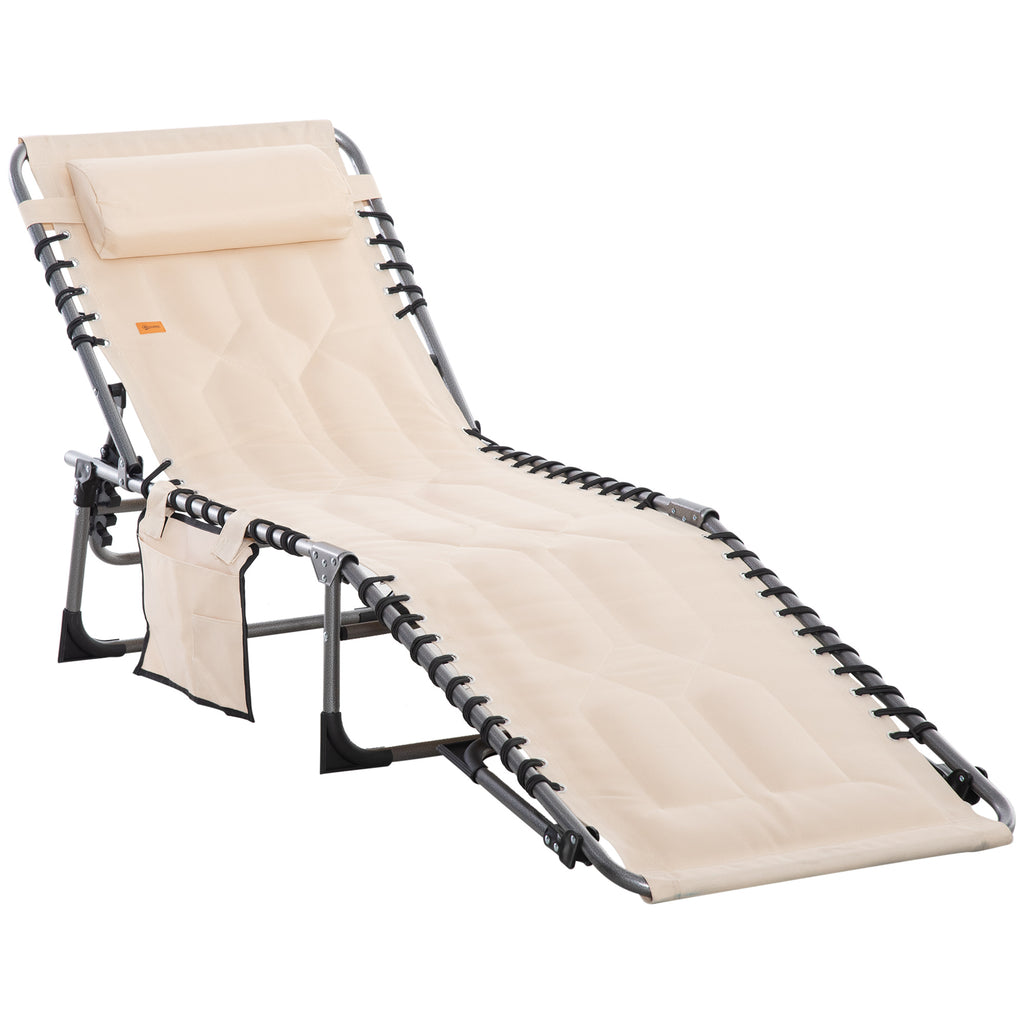 Outdoor Lounge Chair, Folding Chaise Lounge, Patio Padded Tanning Chair with 5-position Adjustable Backrest, Pillow and Pocket for Deck, Beach, Lawn and Sunbathing, Beige