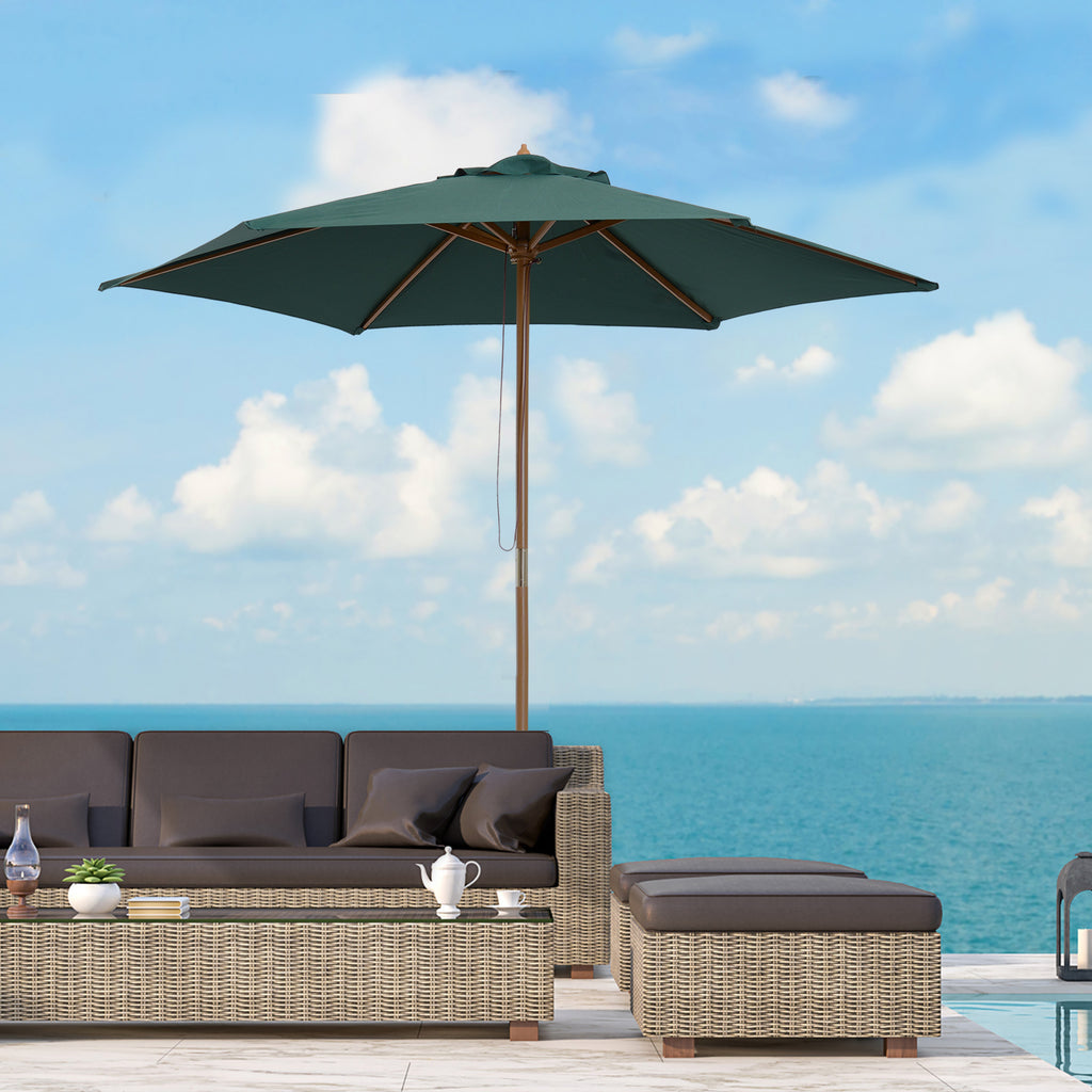 8FT Wood Market Umbrella Patio Umbrella Round Garden Parasol Canopy with Bamboo Ribs and Top Vent, Dark Green