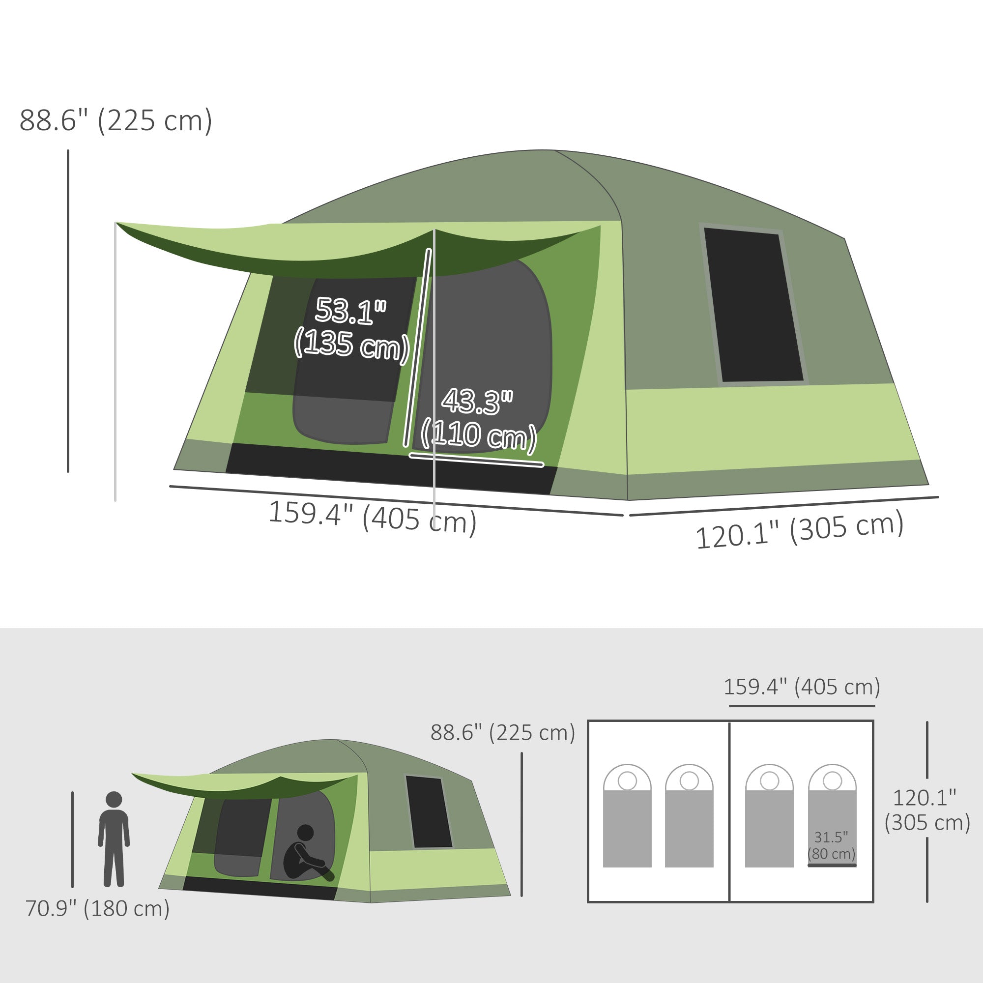 Tunnel Tent Camping Shelter w/ Porch, Two Rooms, Lamp Hook, Portable Carry Bag, Green