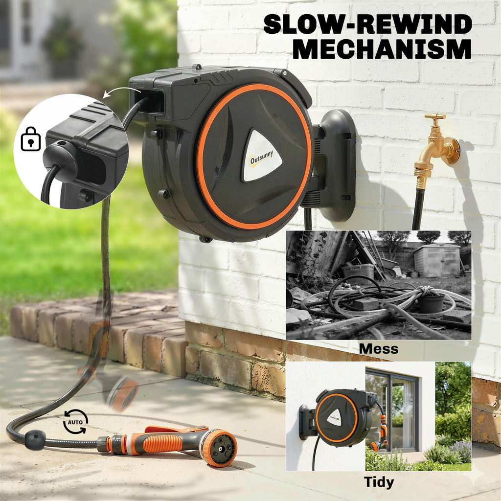 Retractable Garden Hose Reel, 1/2" x 59ft Wall Mounted Hose Reel with 12-Pattern Nozzles, Auto Retraction, Self-Locking