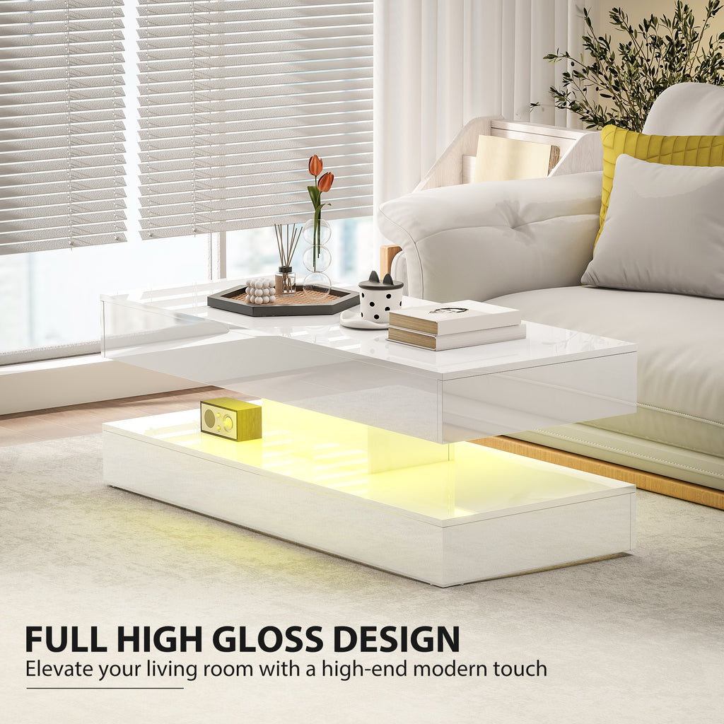 Coffee Table with Adjustable LED Lights, Modern Living Room Table with 2 Drawers, Open Shelf, Remote, High Gloss White