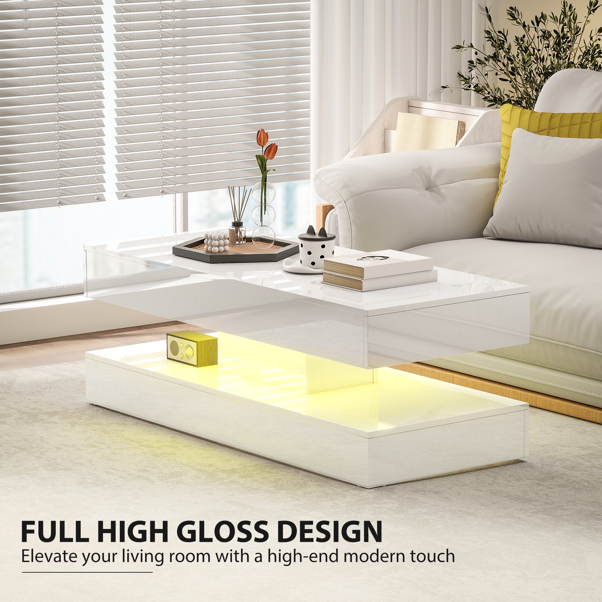 Coffee Table with Adjustable LED Lights, Modern Living Room Table with 2 Drawers, Open Shelf, Remote, High Gloss White