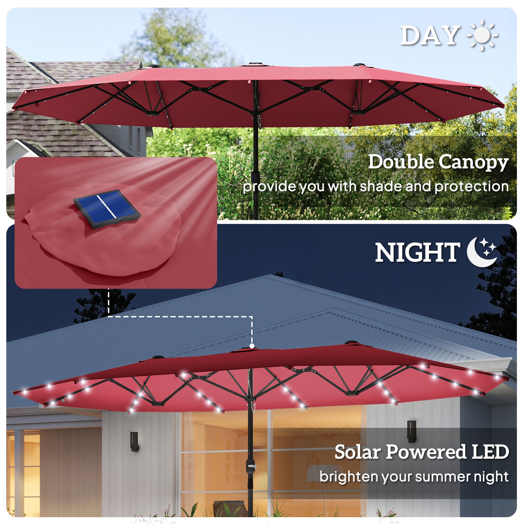173.2" Double-Sided Sun Umbrella Garden Parasol Patio Sun Shade Outdoor with LED Solar Light, No Base Included, Wine Red