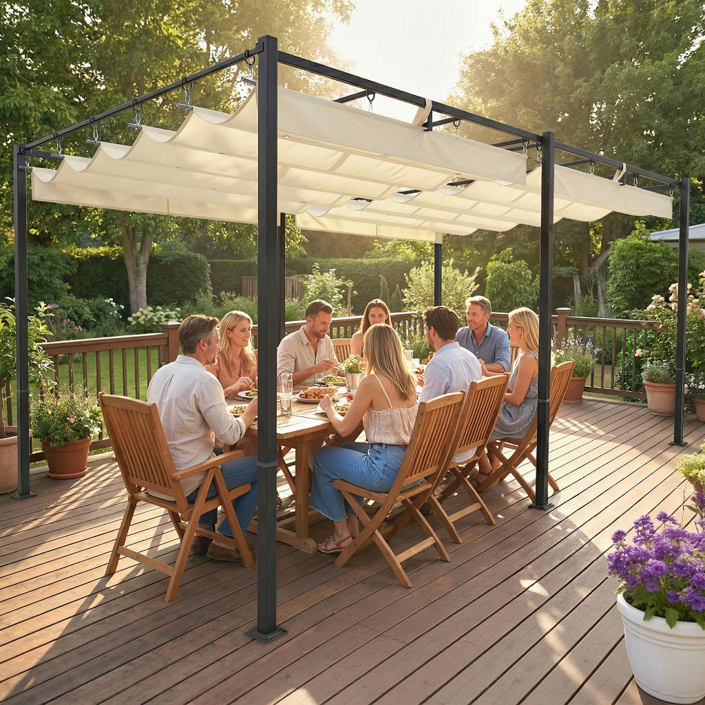 19' x 10' Pergola with Retractable Canopy, Patio Pergola with Sun Shade Shelter, UV50+, for Patio, Garden, Cream