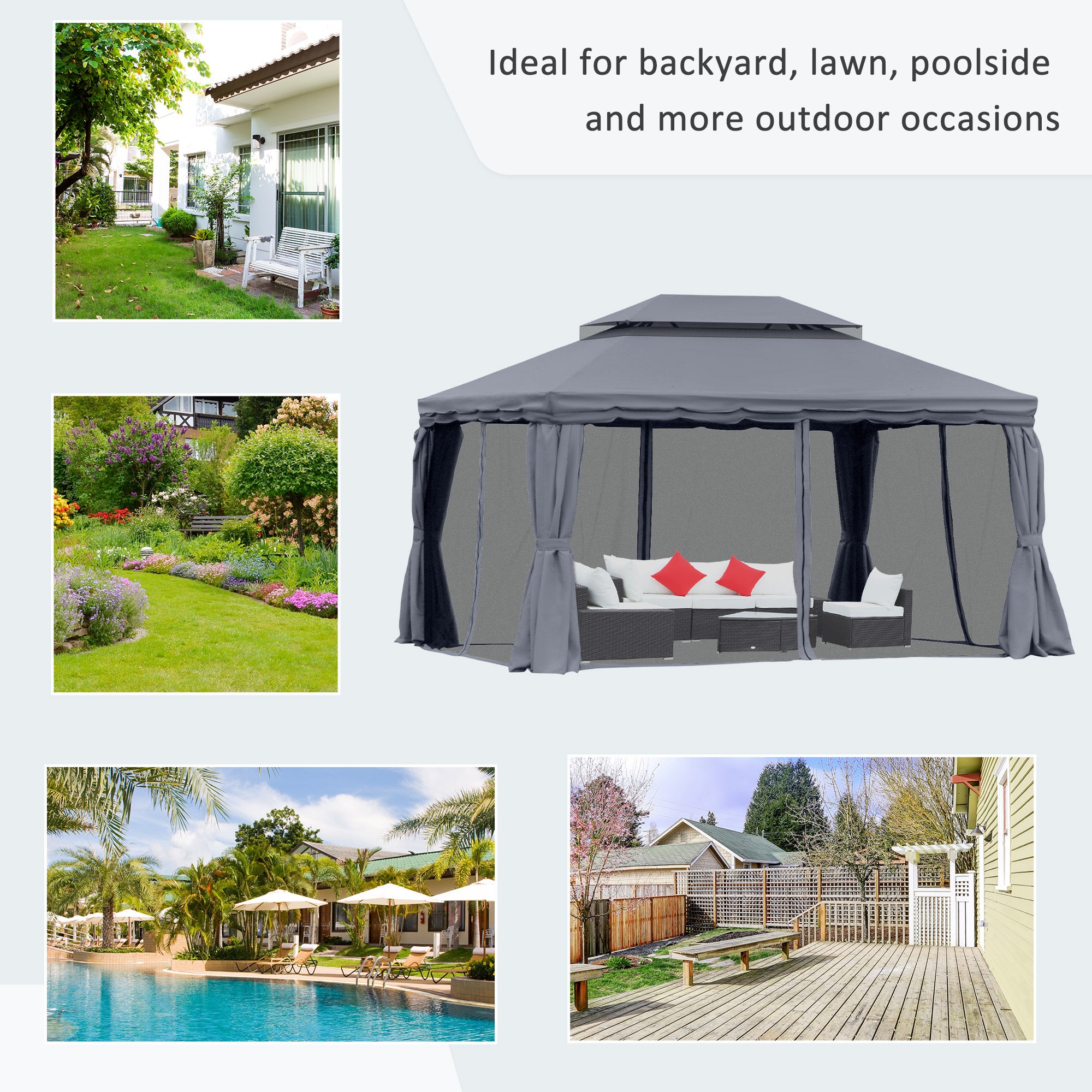 13' x 10' Patio Gazebo, DoubleÂ Roof Outdoor Gazebo Canopy Shelter with Netting & Curtains, Strong Aluminum Frame, Dark Grey
