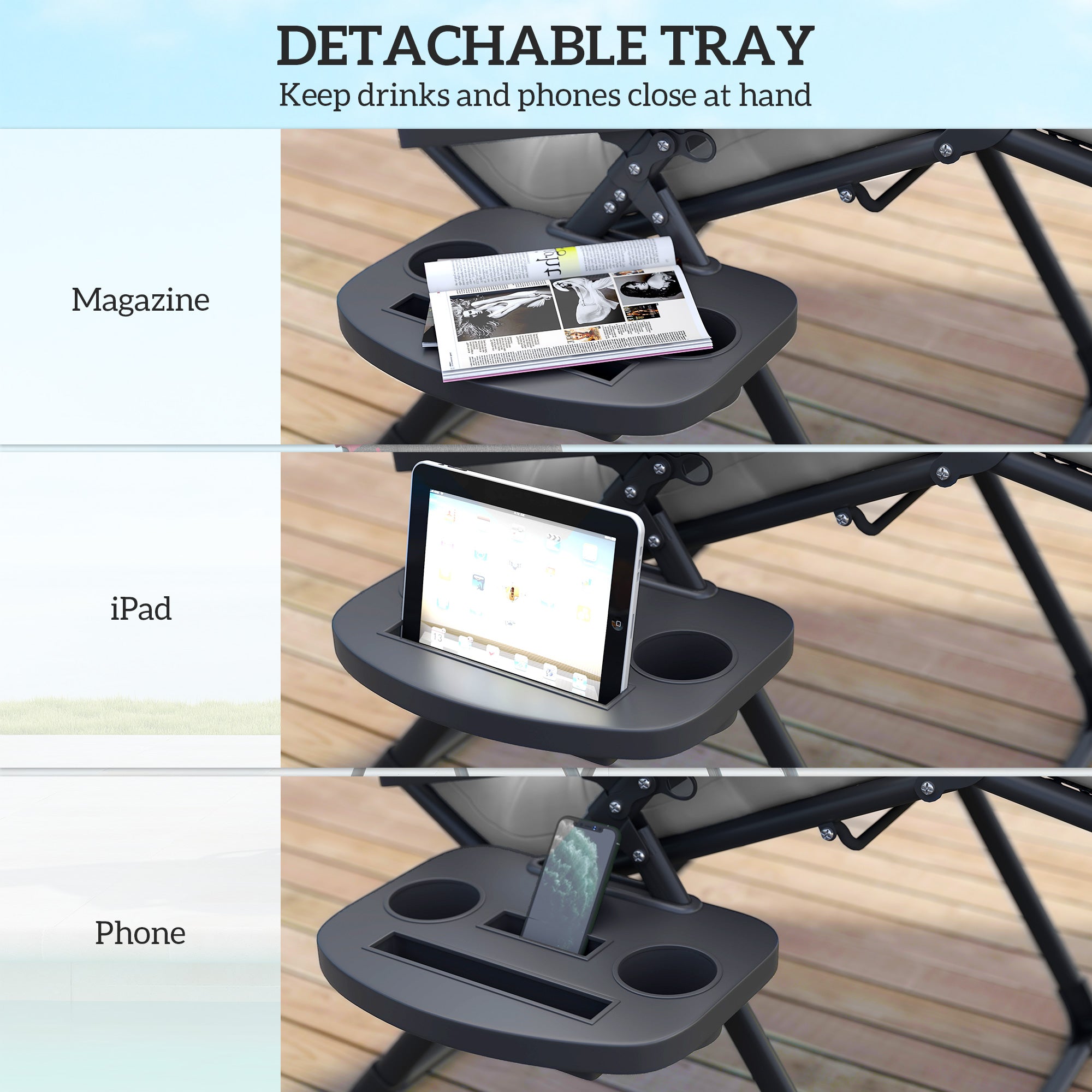 Padded Folding Recliner Chair, Patio Lounger with Cupholder, Adjustable Backrest, Removable Cushion, Grey