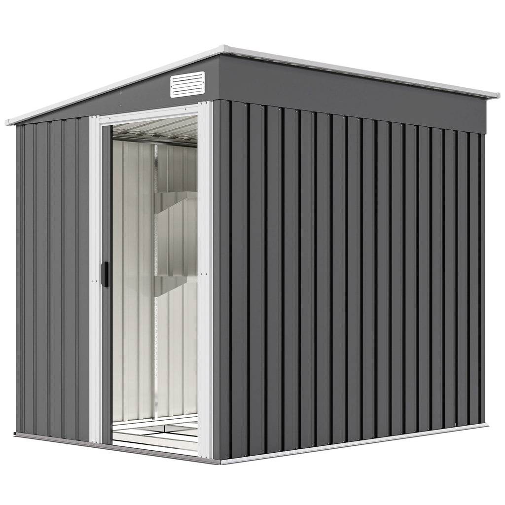 5'x7' Lean to Galvanized Metal Shed with Foundation, Garden Tool Storage House with Sliding Door and 2 Vents, Dark Grey