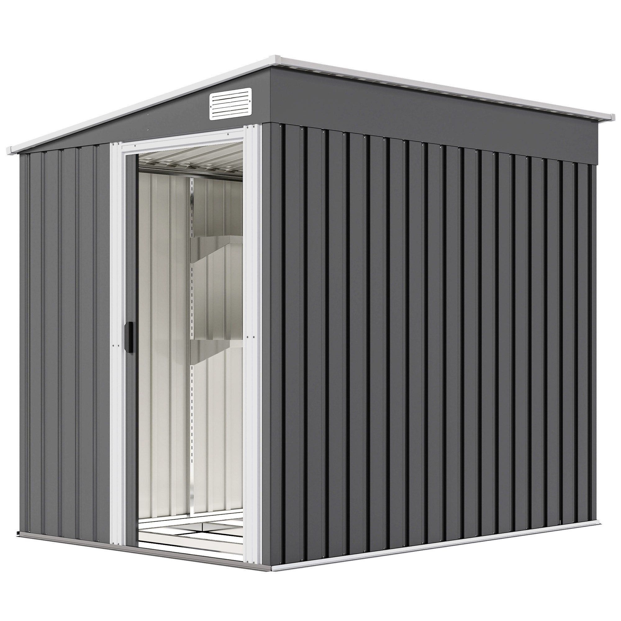 5'x7' Lean to Galvanized Metal Shed with Foundation, Garden Tool Storage House with Sliding Door and 2 Vents, Dark Grey