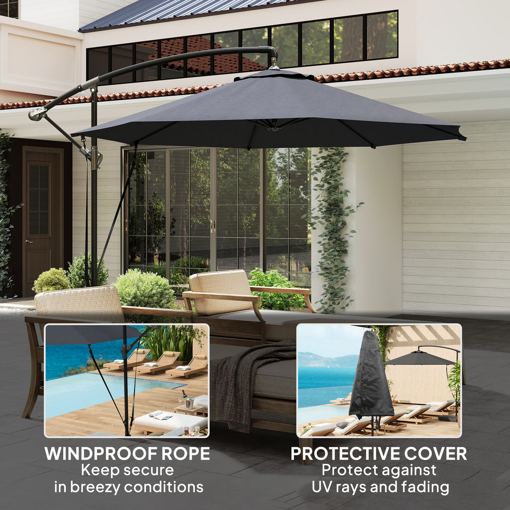 9.5' Cantilever Umbrella with Wind Protection Strap and Cover, Hanging Umbrella with Crank and Cross Base, UPF 50+, Grey