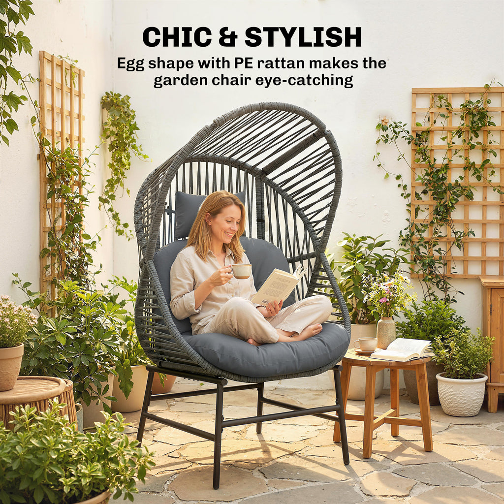 Wicker Egg Chair, 330 lbs Outdoor Rattan Lounge Chair with Thick Cushion, Headrest, Steel Frame, Dark Grey