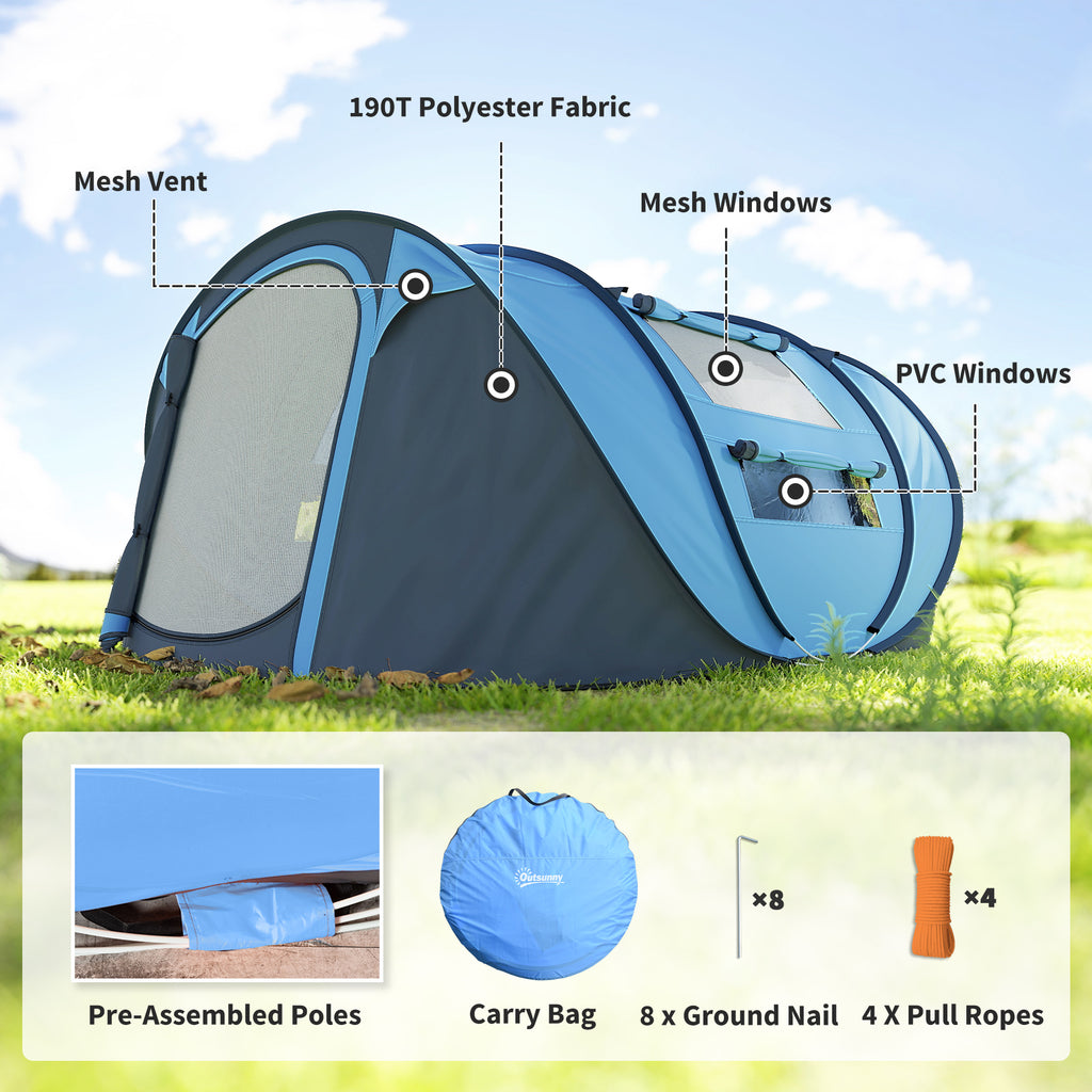 4 Person Camping Tent, Easy Pop Up Tent with Doors, Windows and Carry Bag, Automatic Setup Tent for Hiking, Blue