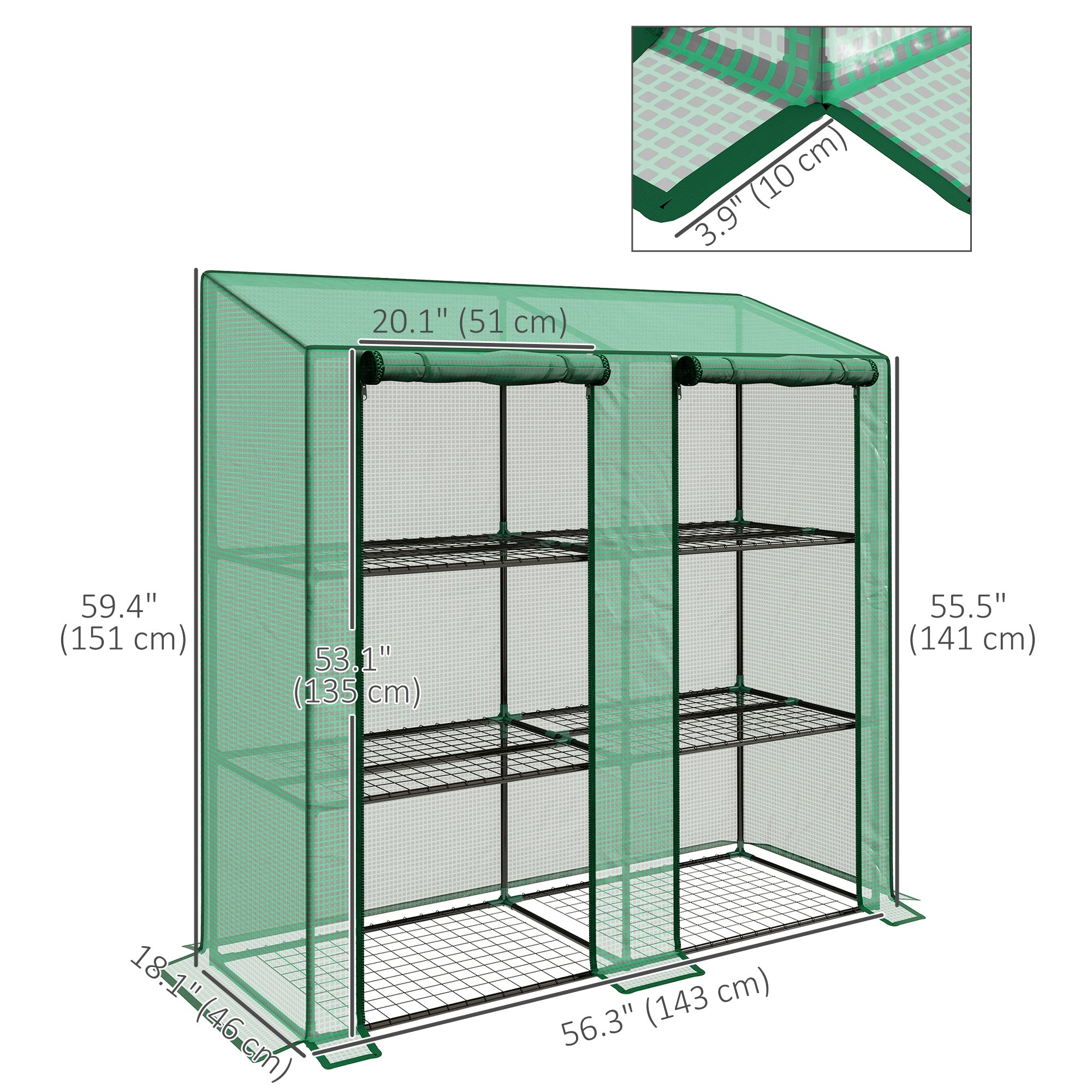 Portable Mini Greenhouse Green House with 3 Tier Shelves, Reinforced PE Cover, Roll-up Doors, 56.3" x 18.1" x 59.4"