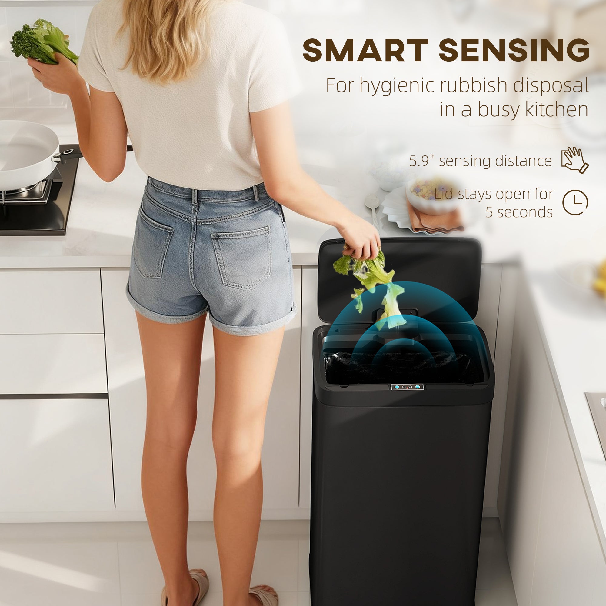 12 Gallon (45 L) Sensor Can, Automatic Garbage Can with Soft-Close Lid, Fingerprint-Proof Stainless Steel, Matte Black