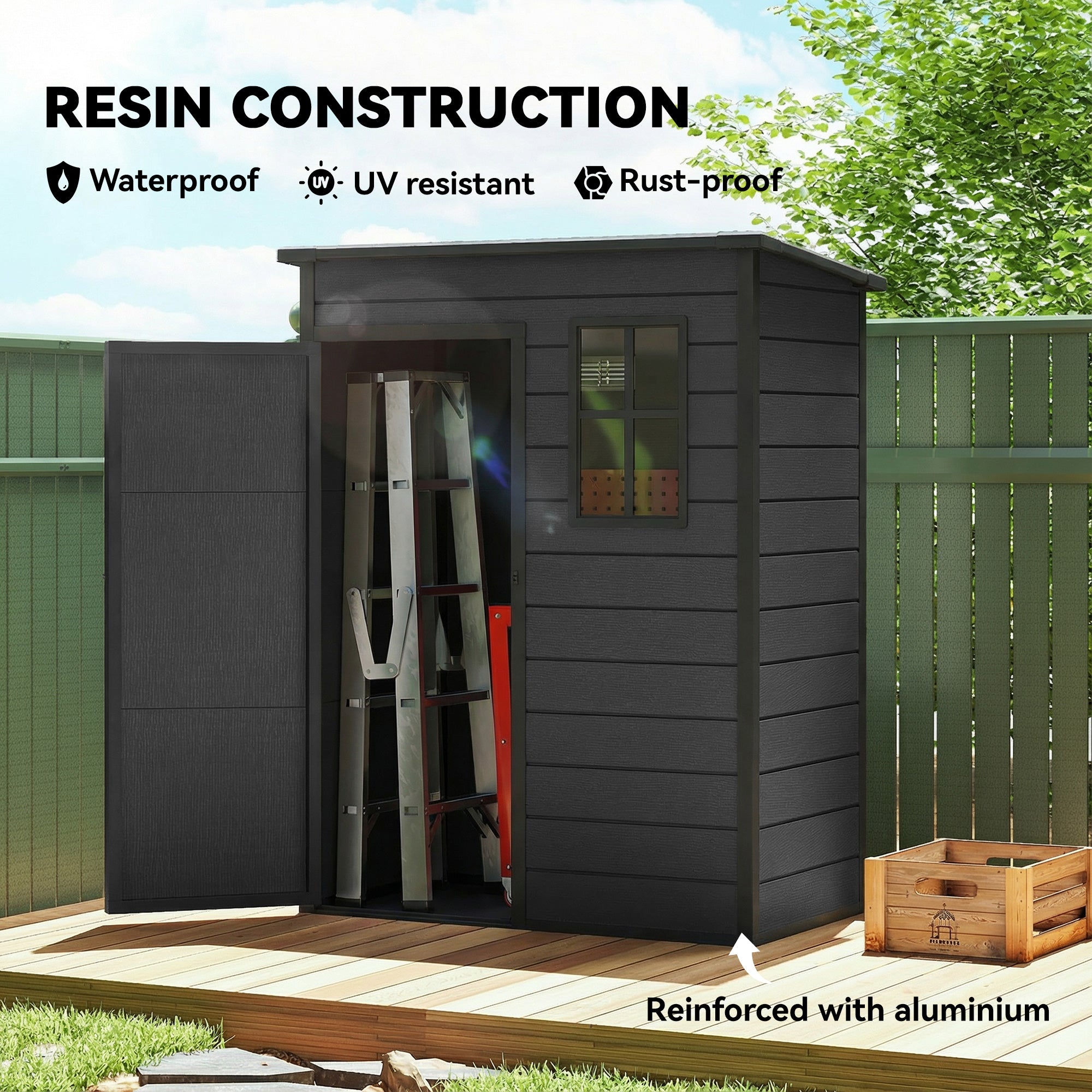 5 x 3FT Garden Shed with Floor, Outdoor Storage Shed with Lockable Door, Window and Vent for Backyard, Patio, Dark Grey