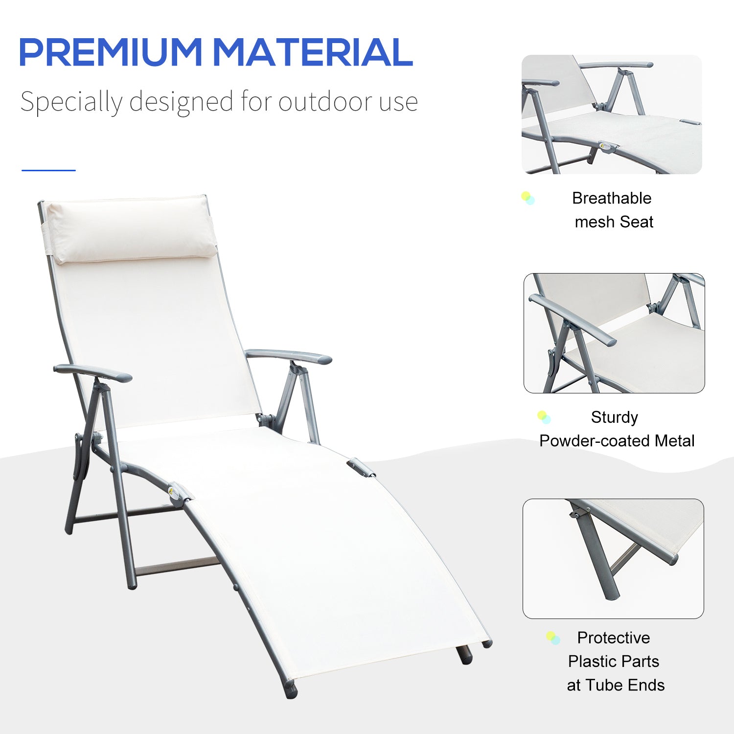 Outdoor Folding Chaise Lounge Chair Steel Portable Recliner with 7 Adjustable Backrest Positions, Cream White