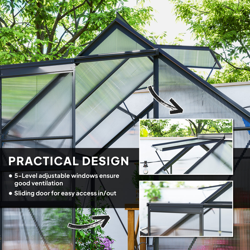 6' x 6' x 6.5' Polycarbonate Greenhouse, Walk-in Green House with Adjustable Roof Vent Galvanized Base Sliding Door Rain Gutter for Outdoor Garden Backyard, Grey