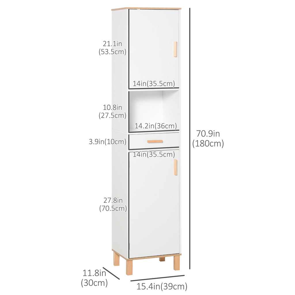 Bathroom Storage Cabinet with Cupboards and Drawer, Floor Free Standing Linen Tower, Tall Slim Side Organizer Shelves, White