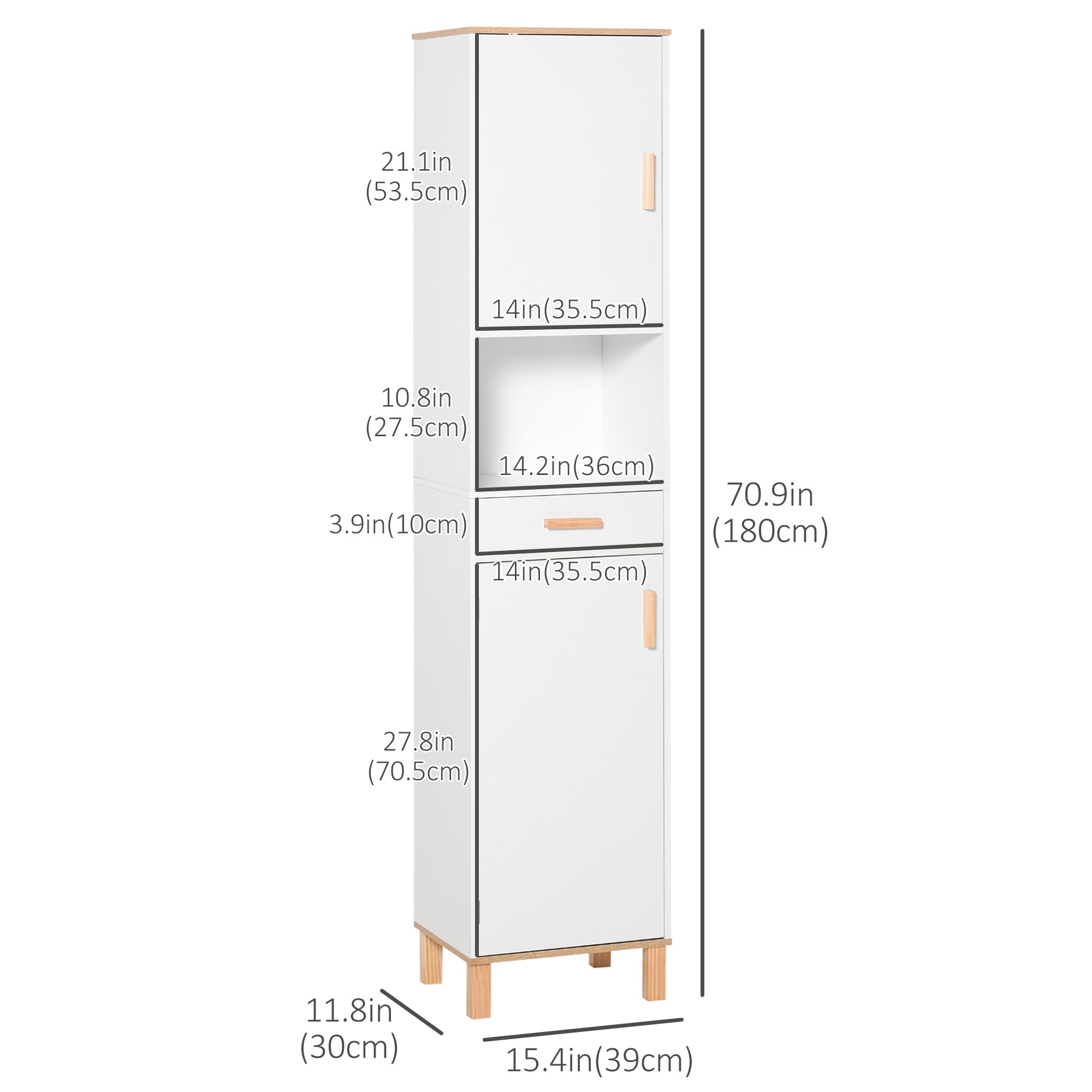 Bathroom Storage Cabinet with Cupboards and Drawer, Floor Free Standing Linen Tower, Tall Slim Side Organizer Shelves, White