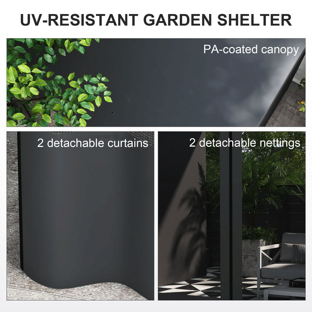 10' x 13' Outdoor Pergola, Wall Mounted Hardtop Lean-to Gazebo with 2 Curtains and 2 Nettings, UV Resistant, for Patio, Deck, Dark Grey