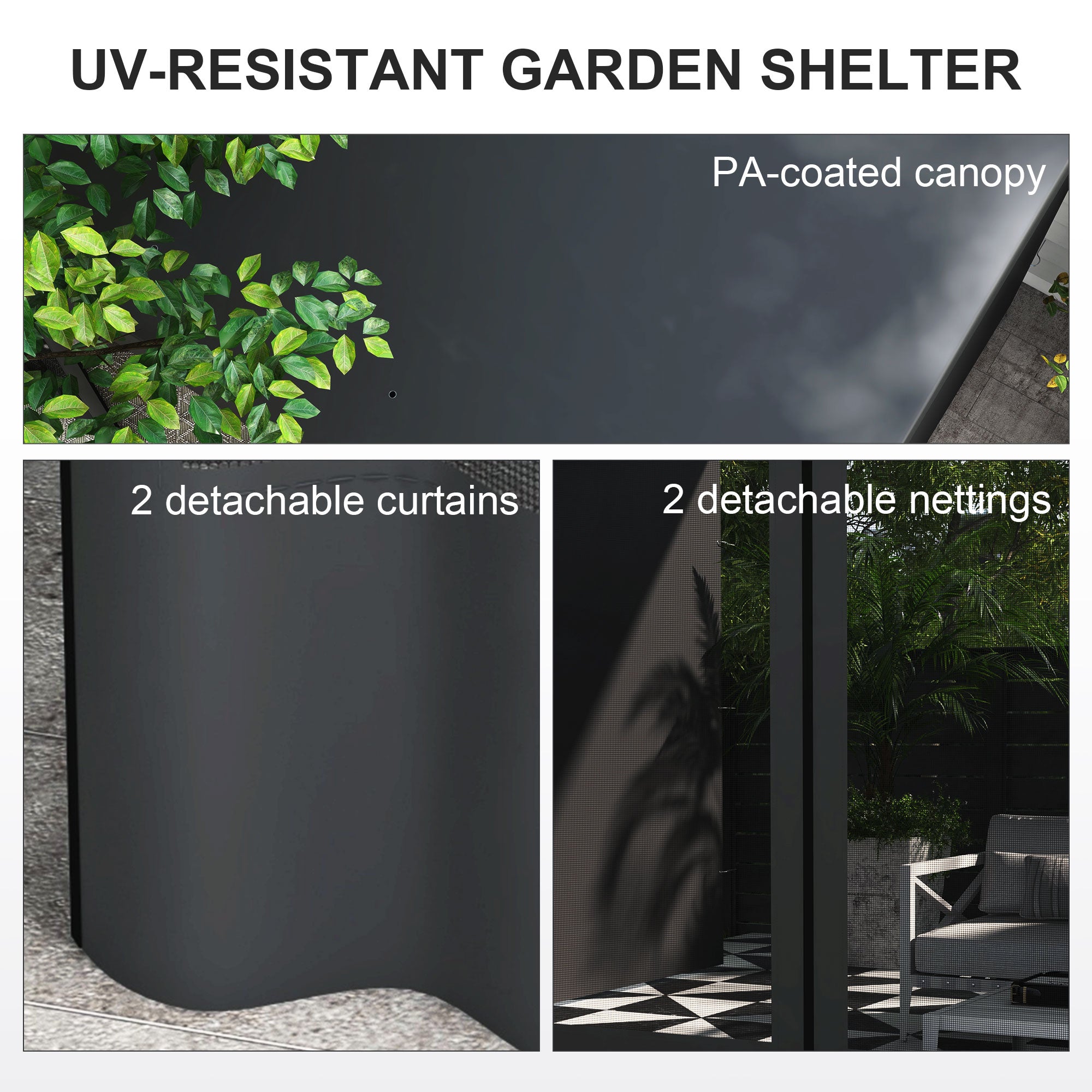 10' x 13' Outdoor Pergola, Wall Mounted Hardtop Lean-to Gazebo with 2 Curtains and 2 Nettings, UV Resistant, for Patio, Deck, Dark Grey