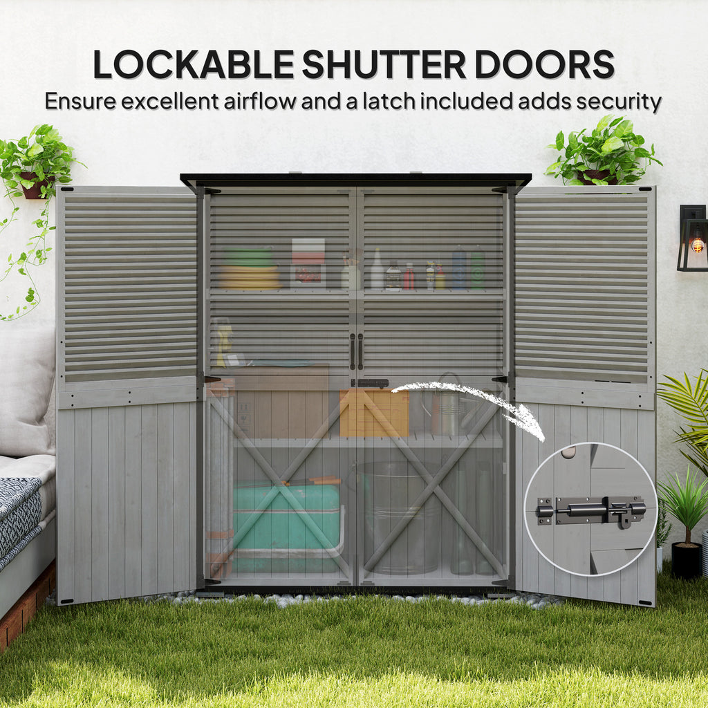 Outdoor Storage Cabinet, Wood Garden Shed with Steel Frame, Asphalt Roof, 2 Shelves and Lockable Doors, Grey