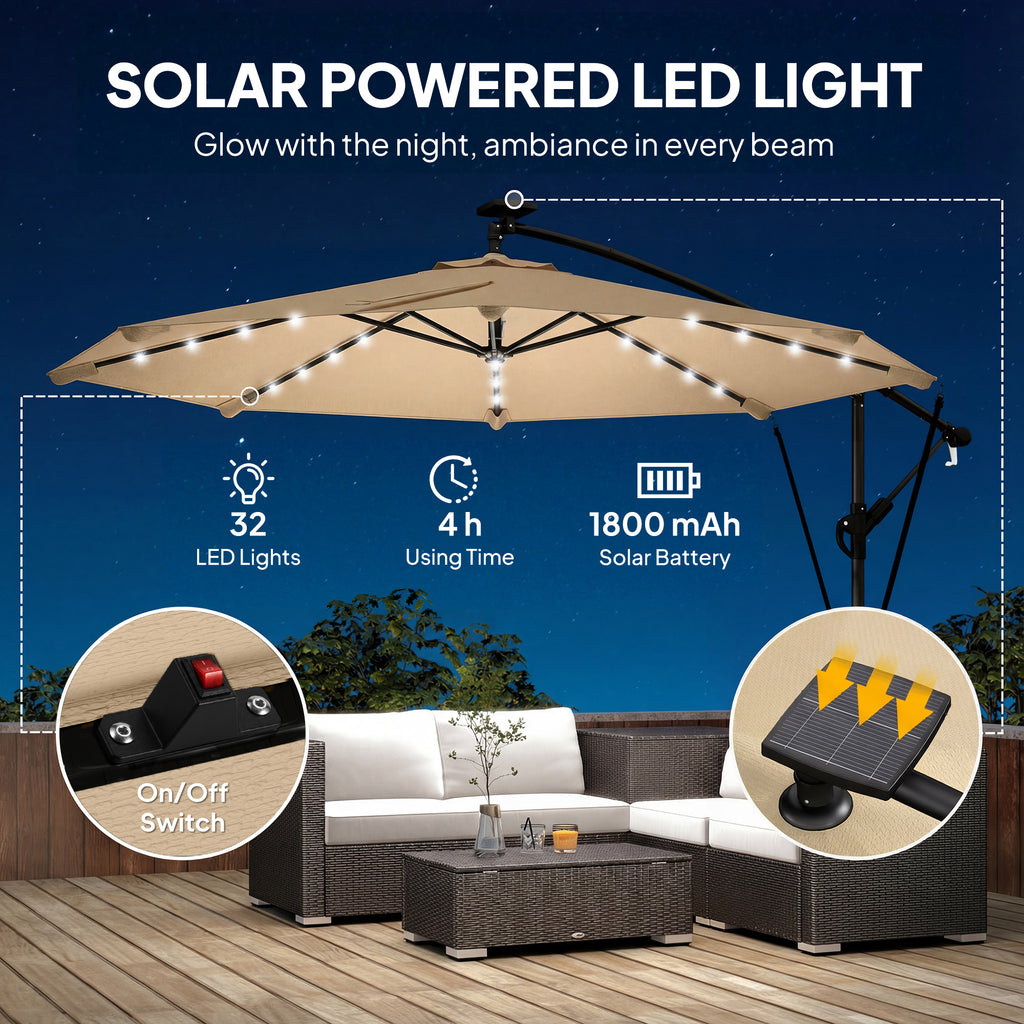 9.7ft Solar LED Cantilever Patio Umbrella with 32 LED Lights, Cross Base, Crank Handle, for Poolside, Deck, Khaki