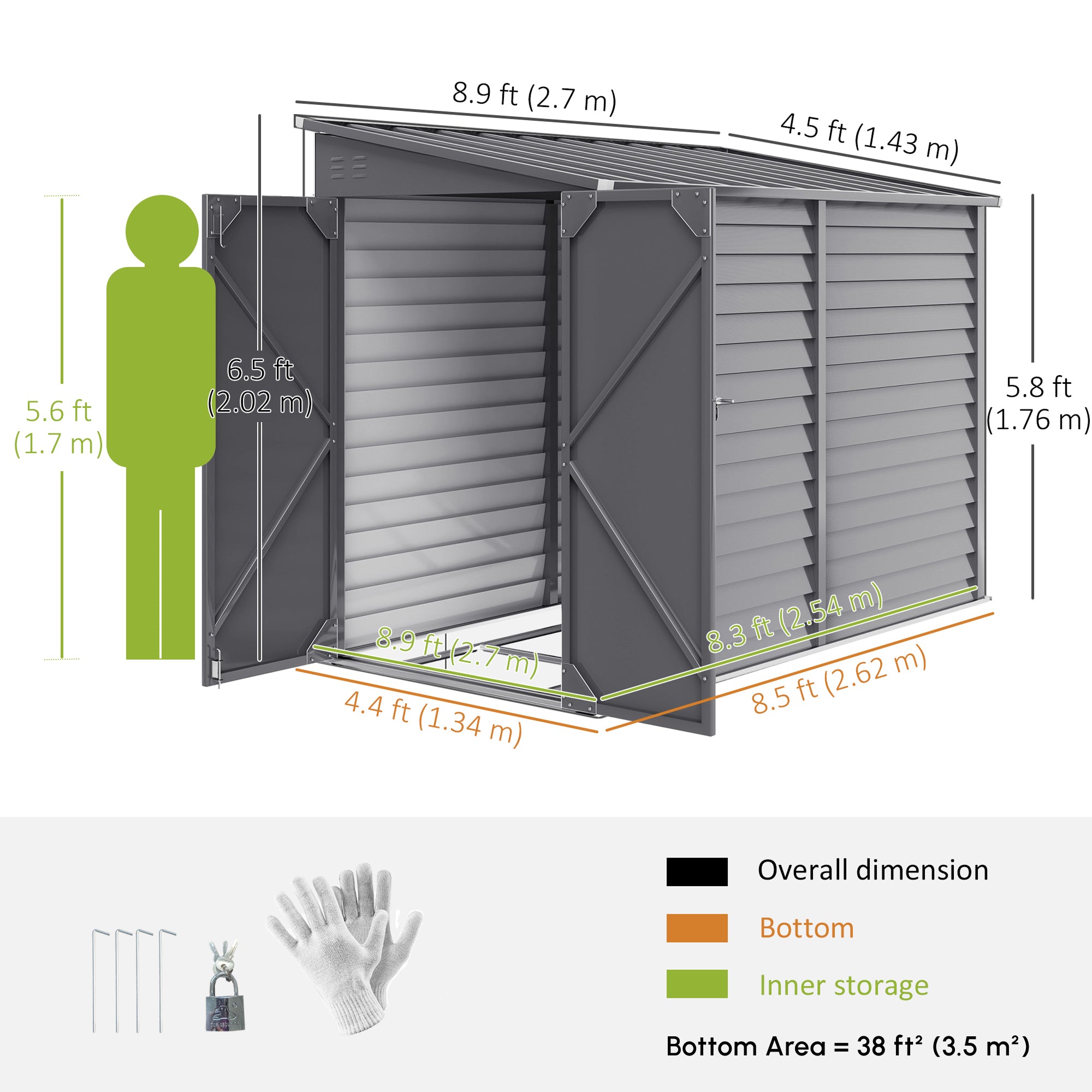 4.6' x 9' Steel Outdoor Storage Shed, Lean to Shed, Metal Tool House with Foundation Kit, Lockable Doors, Gloves and 2 Air Vents for Backyard, Patio, Lawn, Grey