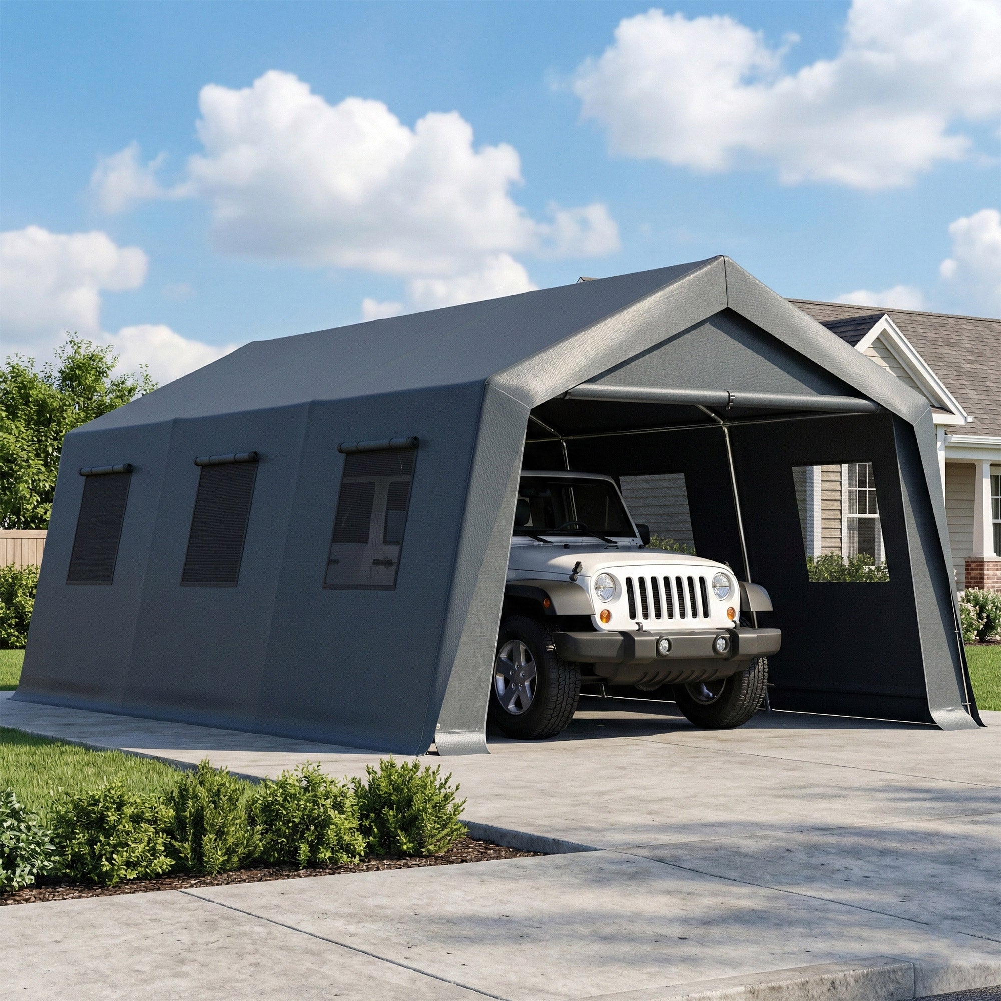 20 x 13 ft Carport, Portable Garage with Roll-Up Door and Windows, PE Canopy, Steel Frame, Dark Grey