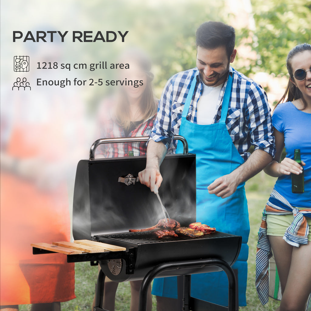 Charcoal Barbecue Grill, BBQ with Thermometer, Shelves and Wheels, Black