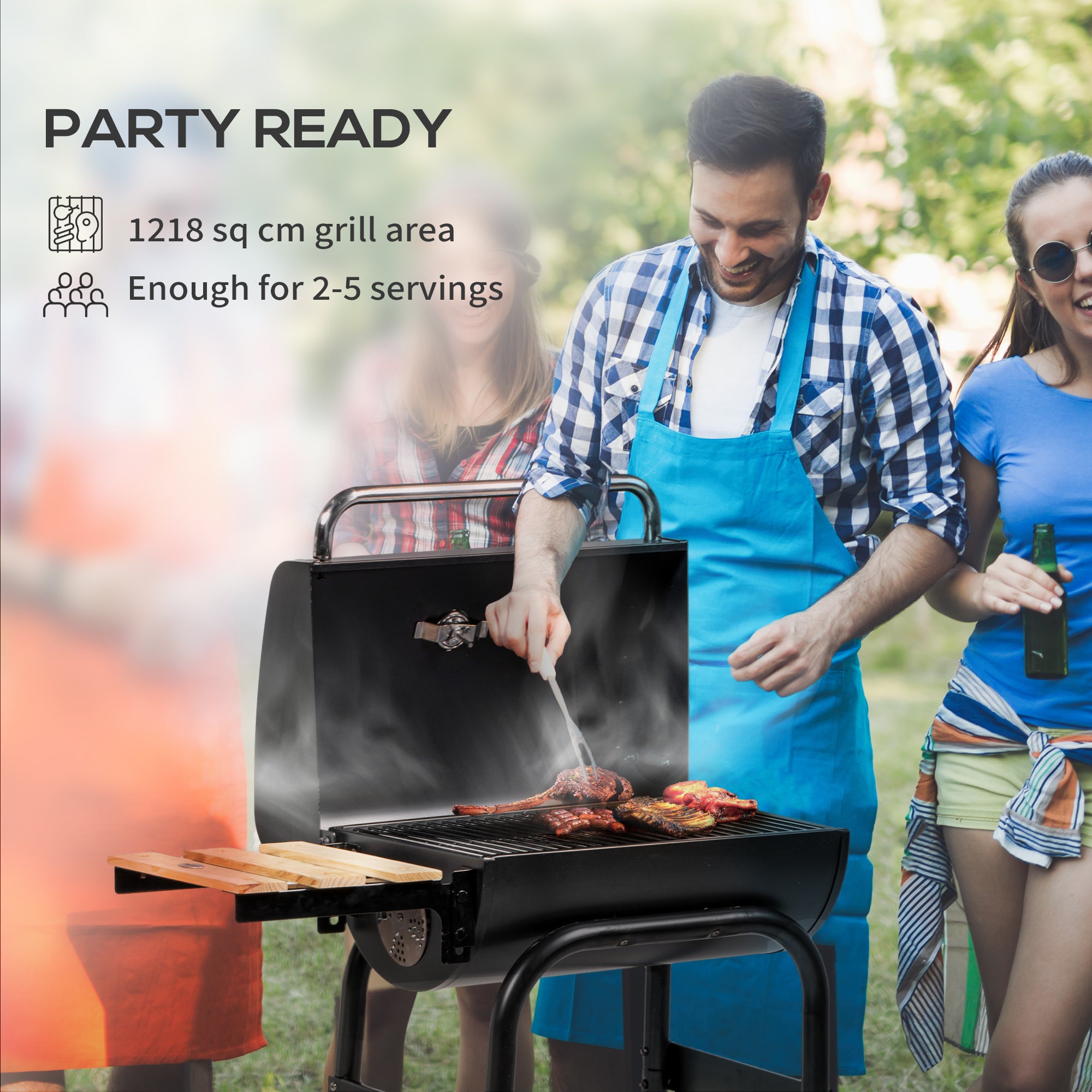 Charcoal Barbecue Grill, BBQ with Thermometer, Shelves and Wheels, Black