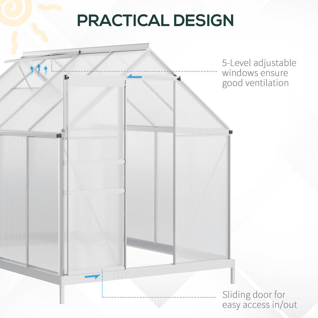 6' x 8' x 6.5' Walk-in Greenhouse, Polycarbonate Greenhouse with Adjustable Roof Vent, Base, Sliding Door, Clear