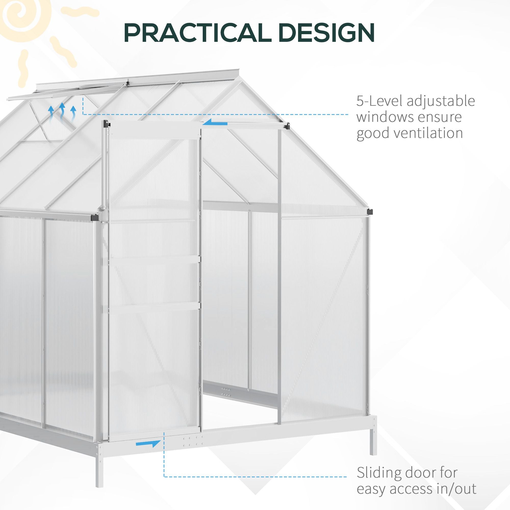 6' x 8' x 6.5' Walk-in Greenhouse, Polycarbonate Greenhouse with Adjustable Roof Vent, Base, Sliding Door, Clear