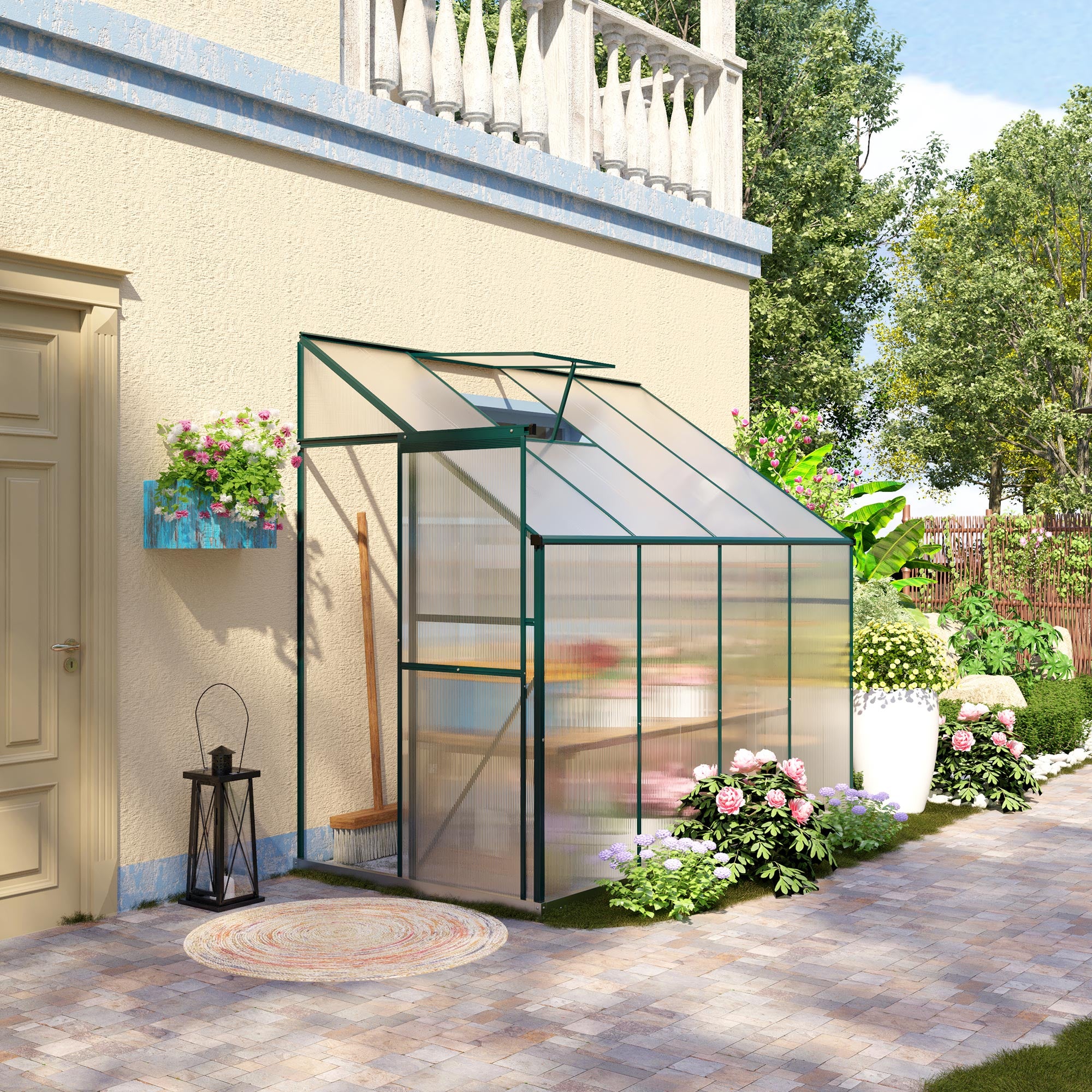 Walk-In Garden Greenhouse Aluminum Polycarbonate with Roof Vent for Plants Herbs Vegetables 8' x 4' x 7' Silver