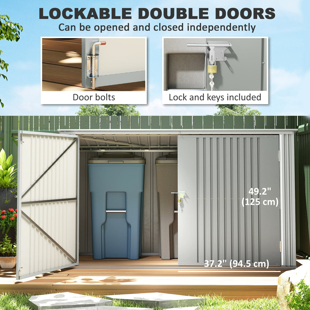 7.6 x 3.4ft Outdoor Storage Shed, 3 Garbage Bin Shed Organizer with Lockable Double Doors, Openable Lid, Silver Grey