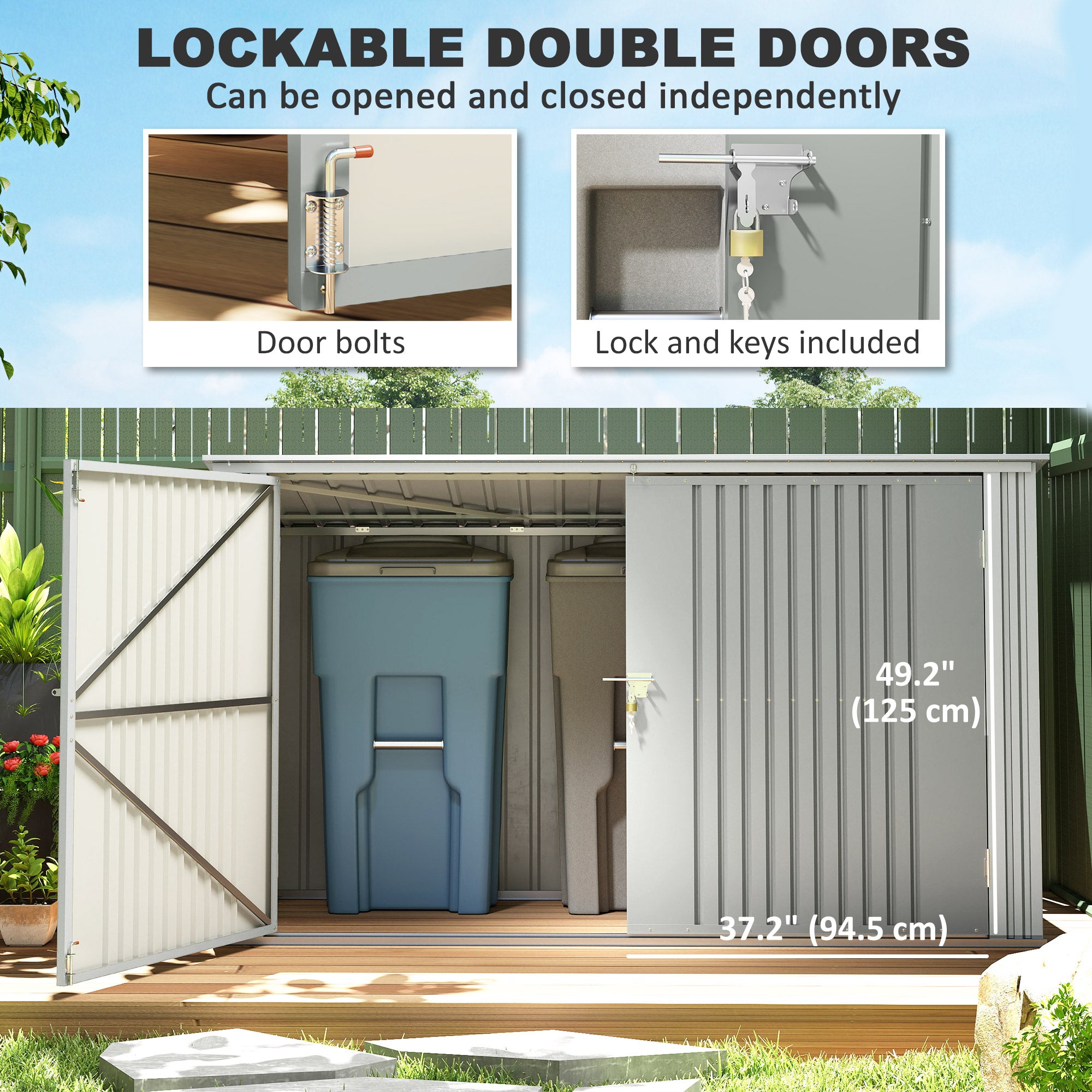 7.6 x 3.4ft Outdoor Storage Shed, 3 Garbage Bin Shed Organizer with Lockable Double Doors, Openable Lid, Silver Grey