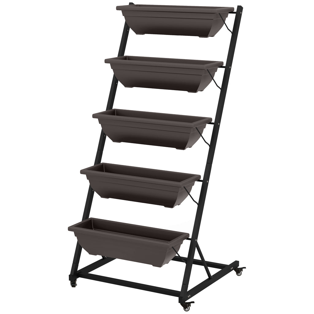 5-Tier Vertical Raised Garden Planter with 5 Boxes, Wheels, Outdoor Plant Stand for Vegetable Flowers, Brown
