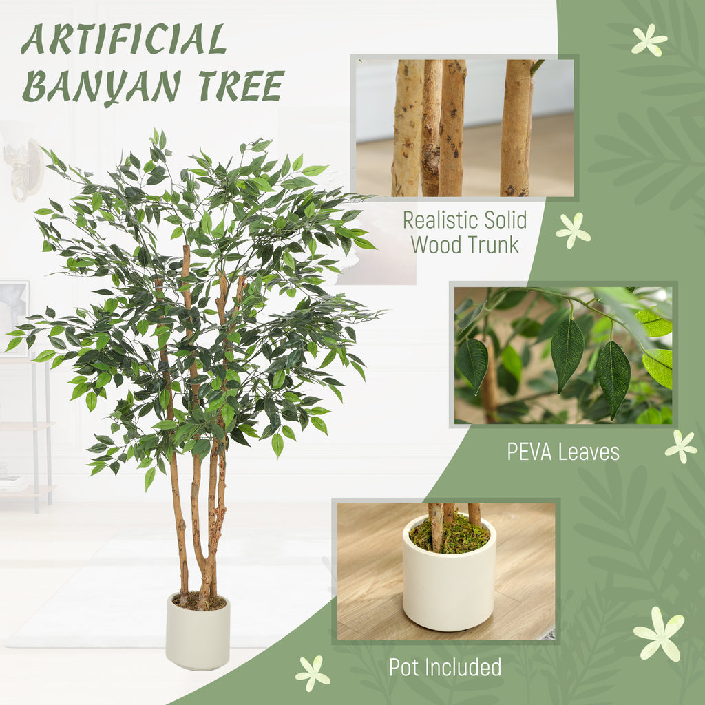 5FT Artificial Banyan Tree Set of 2, Fake Potted Tree with Solid Wood Trunk and Pot for Indoor